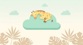 Detailed baby giraffe sleeping on cloud mural wallpaper design pattern with tropical leaves by Kids-Mundo