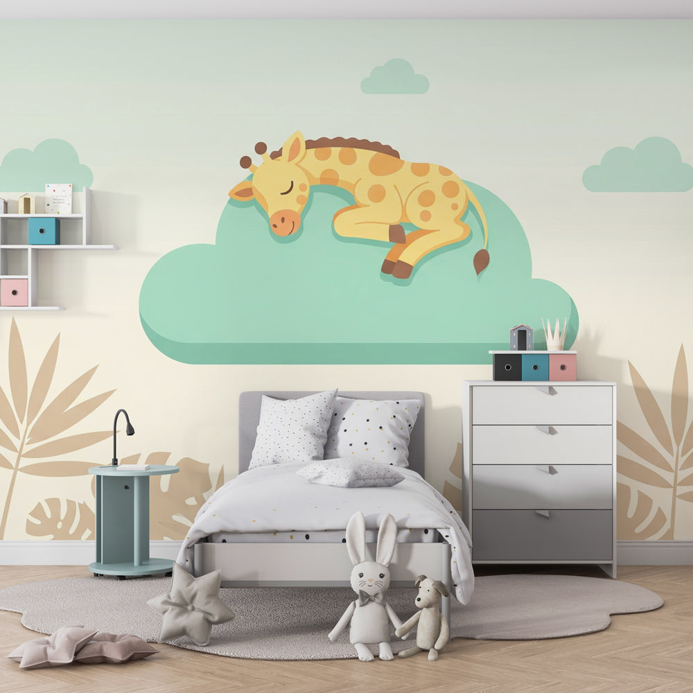 Mint green giraffe mural wallpaper creating serene atmosphere in baby nursery interior