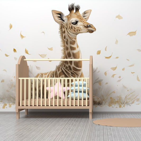Kids-Mundo baby giraffe wall mural as a calm feature wall in a kids bedroom