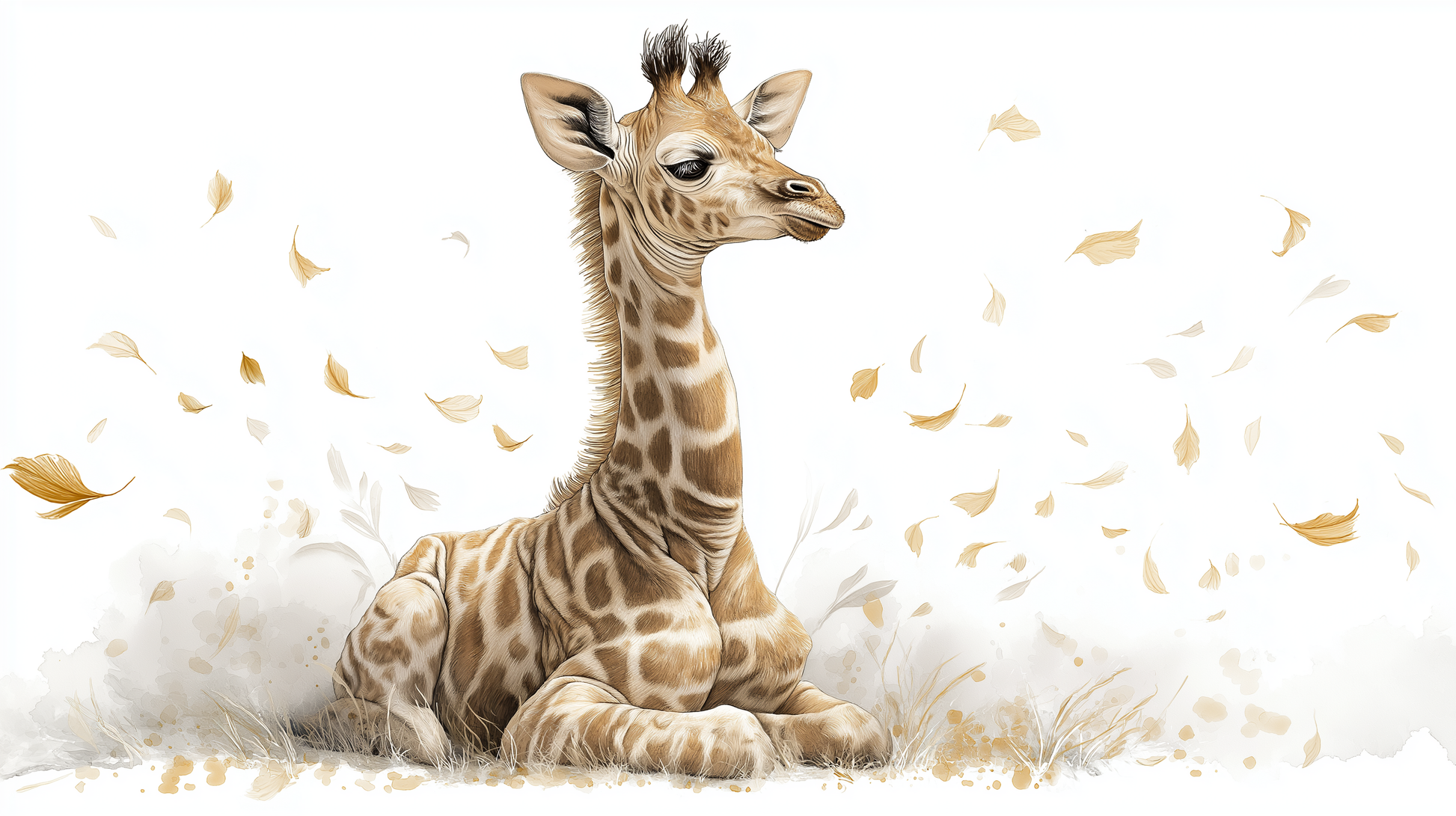 Kids-Mundo flat artwork of a resting baby giraffe surrounded by drifting golden leaves