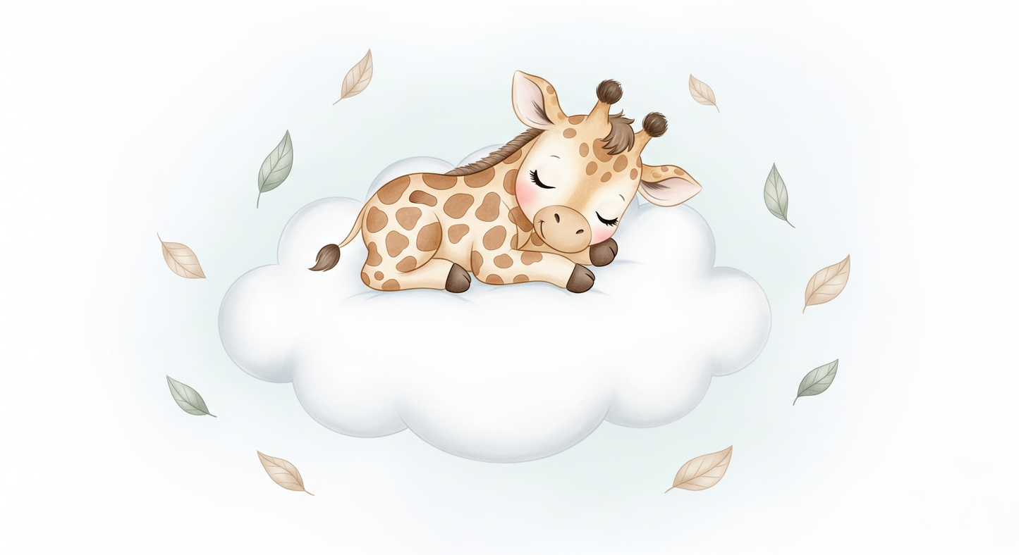 Kids-Mundo flat artwork of a sleeping baby giraffe curled on a cloud with drifting leaves