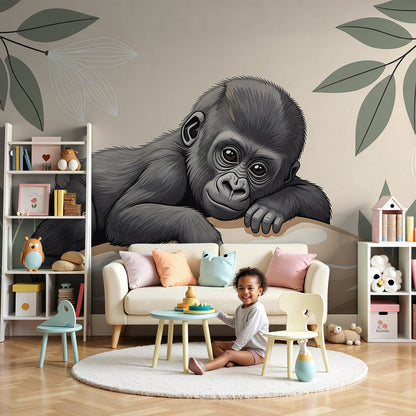 Kids-Mundo baby gorilla wall mural of a gorilla resting on a rock in a warm cream nursery