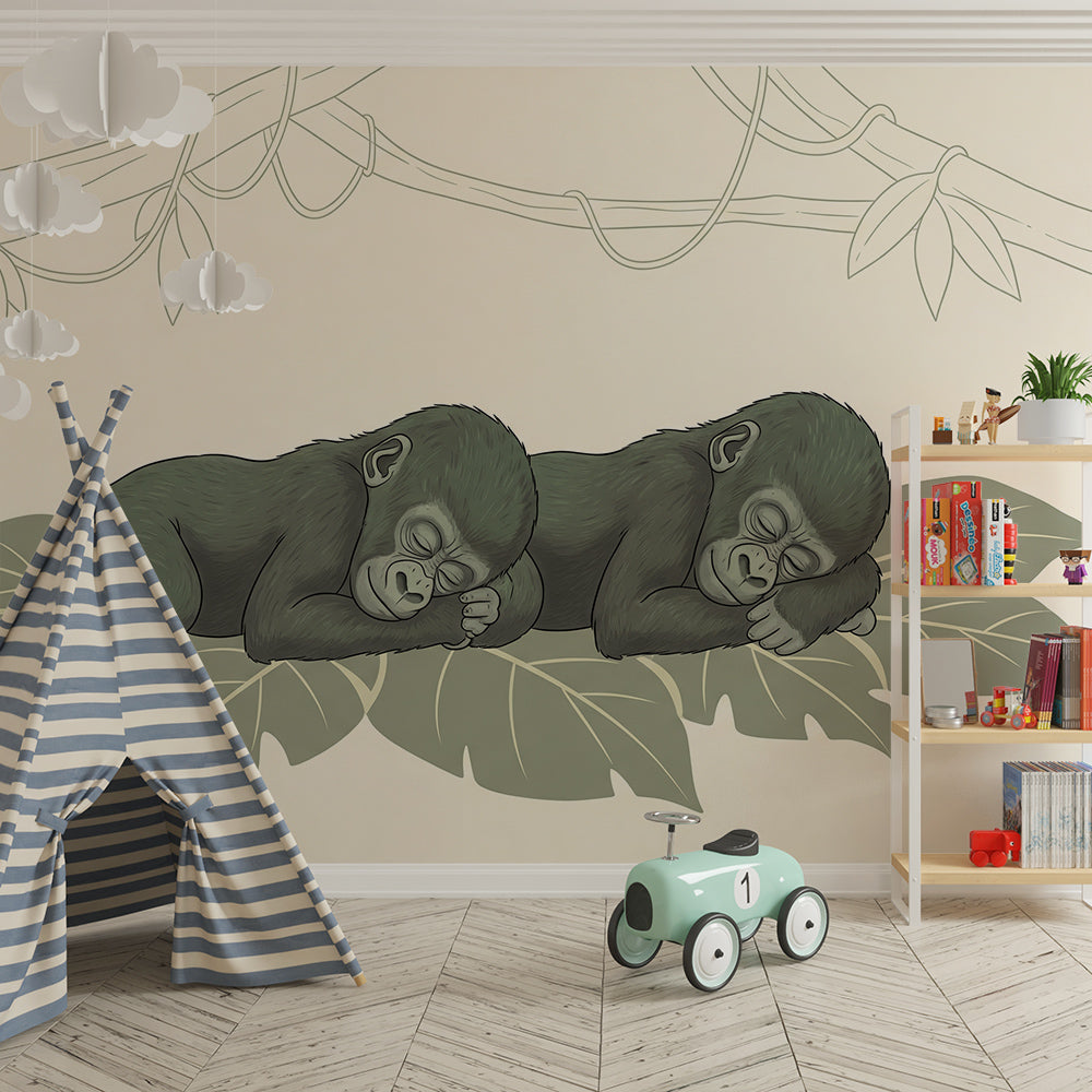 Kids-Mundo baby gorilla jungle wall mural styled in a calm green and cream kids bedroom