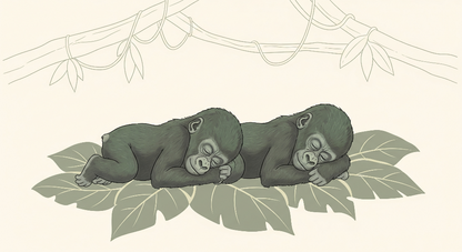 Kids-Mundo flat artwork of two baby gorillas asleep on tropical leaves for a wall mural