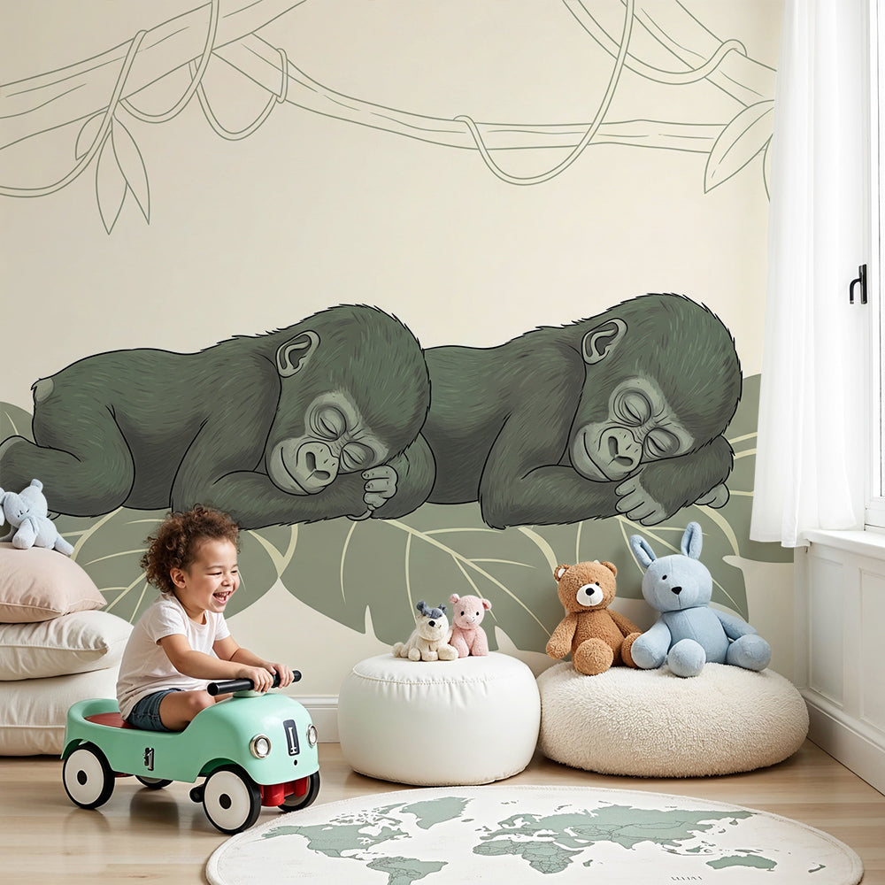 Kids-Mundo sleeping baby gorillas wall mural in a soft sage green nursery with a cot