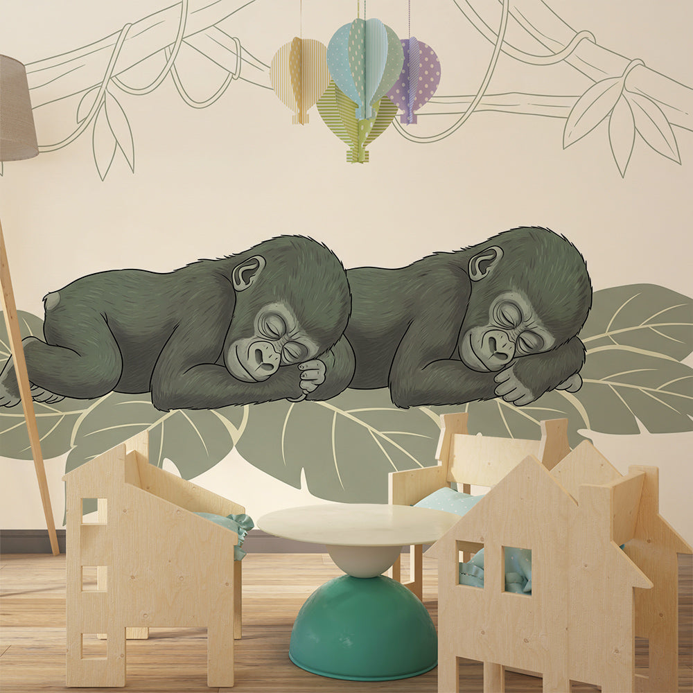 Kids-Mundo sleeping gorillas wall mural adding a gentle jungle scene to a bright playroom