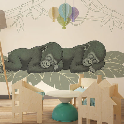Kids-Mundo sleeping gorillas wall mural adding a gentle jungle scene to a bright playroom