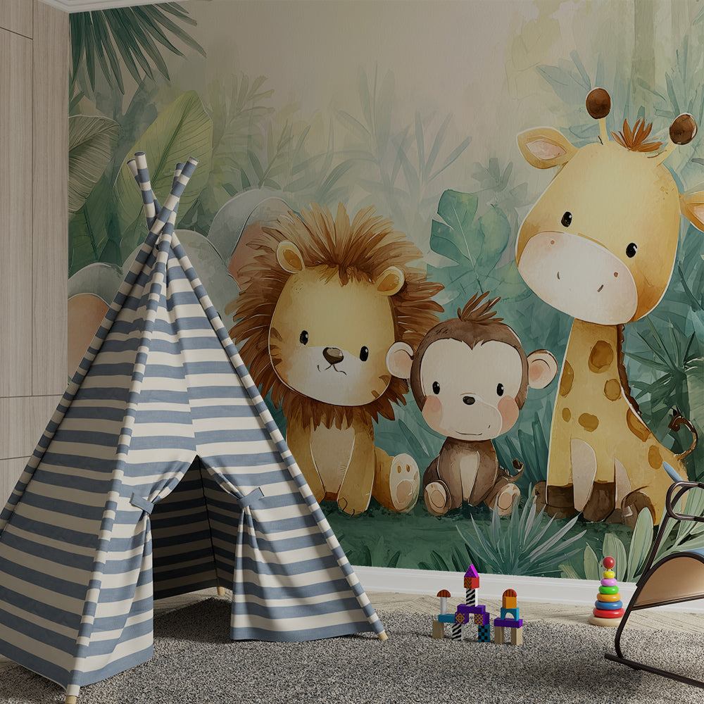 Kids-Mundo jungle animal wall mural covering a feature wall in a bright children's bedroom.
