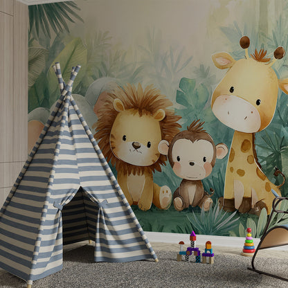 Kids-Mundo jungle animal wall mural covering a feature wall in a bright children's bedroom.