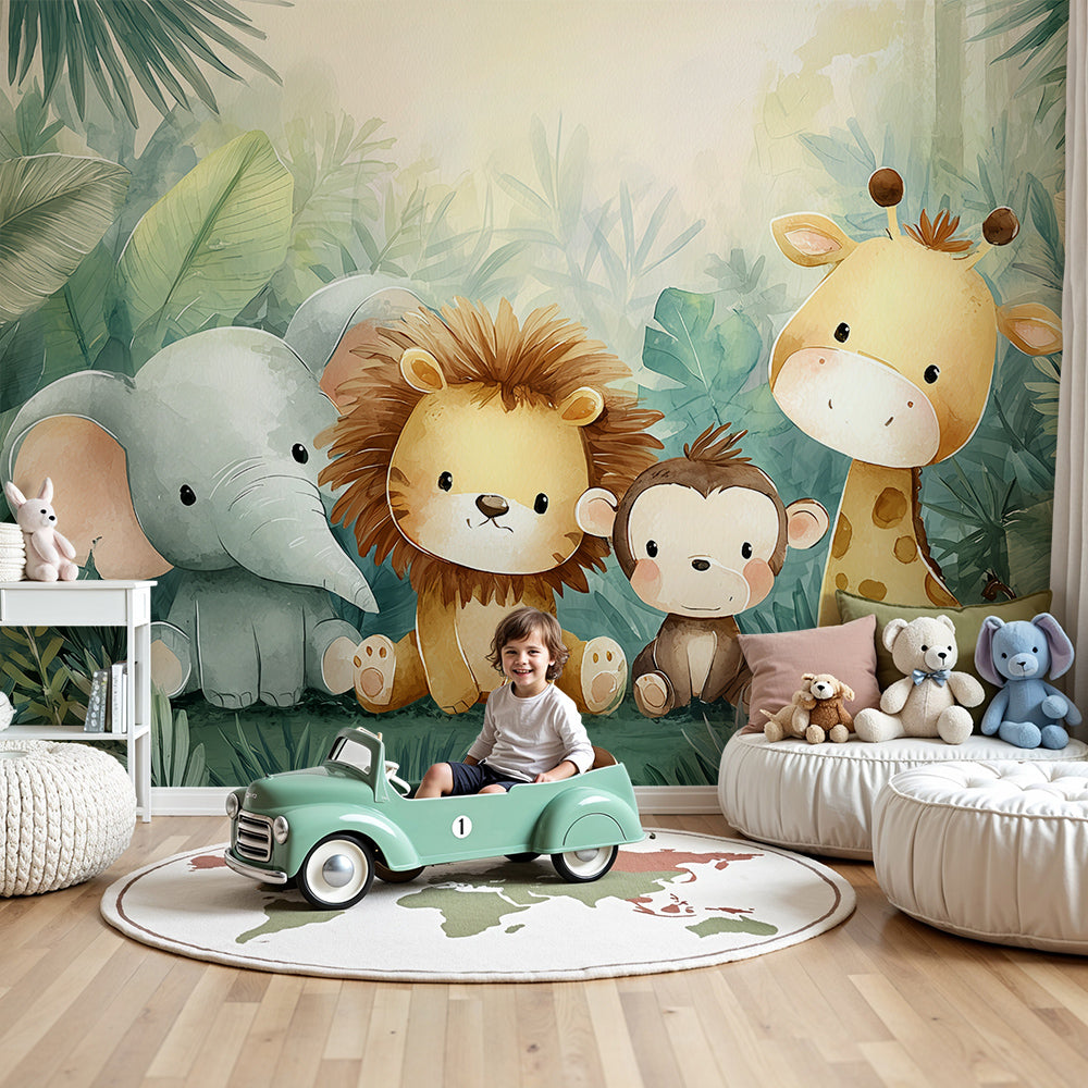 Kids-Mundo baby jungle animals watercolour wall mural in a soft neutral nursery with a cot and rug.