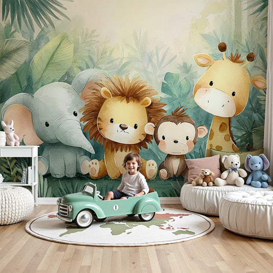 Kids-Mundo baby jungle animals watercolour wall mural in a soft neutral nursery with a cot and rug.