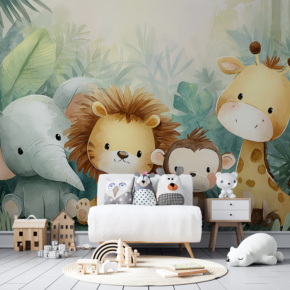 Kids-Mundo watercolour jungle mural adding colour to a playroom wall behind toy shelves.