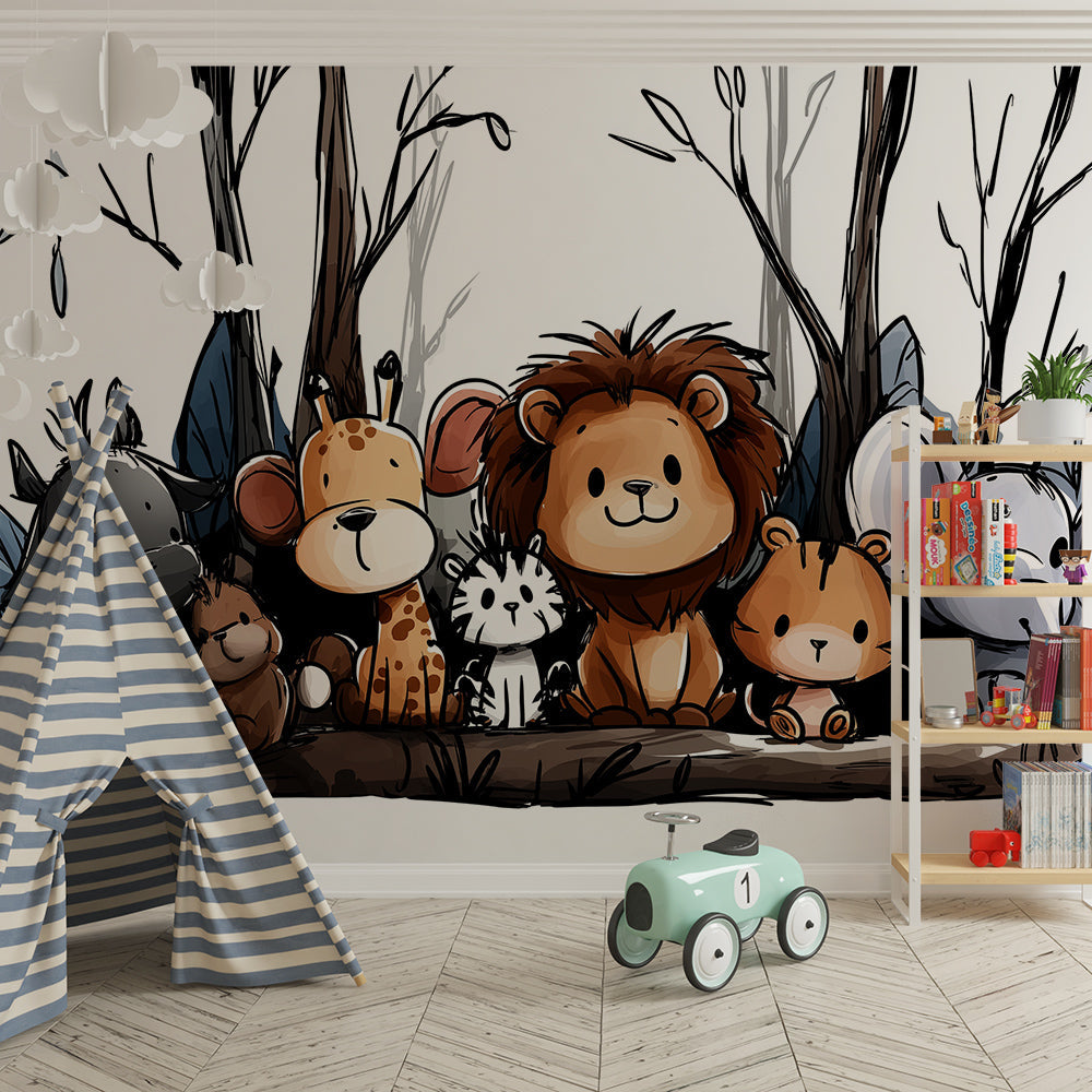 Kids-Mundo sketched jungle animals mural styled on a playful kids bedroom wall.