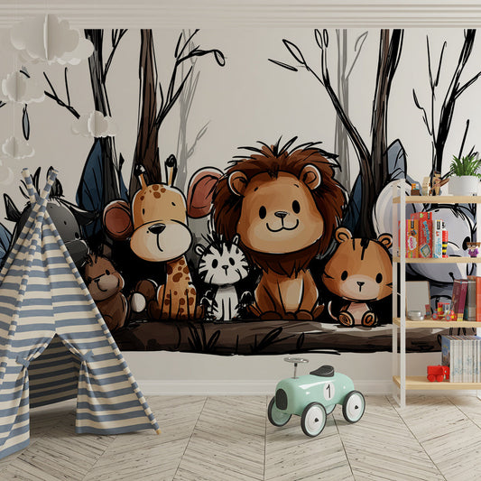 Kids-Mundo sketched jungle animals mural styled on a playful kids bedroom wall.