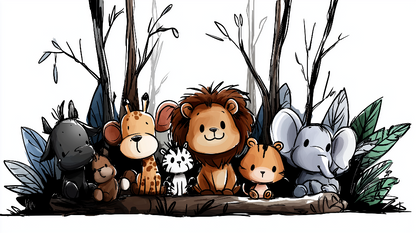 Kids-Mundo flat artwork of sketched baby jungle animals lined up with soft blue-green leaves.