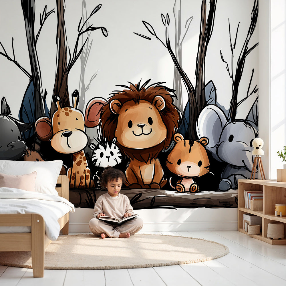 Kids-Mundo baby jungle animals wall mural made to measure for a soft, calming nursery wall.