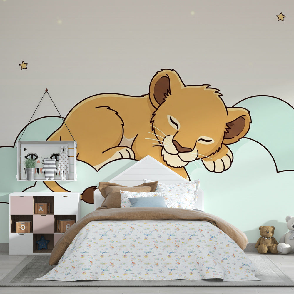 Starry night lion mural wallpaper behind crib in serene nursery decor