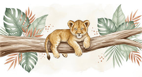 Detailed baby lion jungle mural wallpaper design pattern with tropical leaves by Kids-Mundo