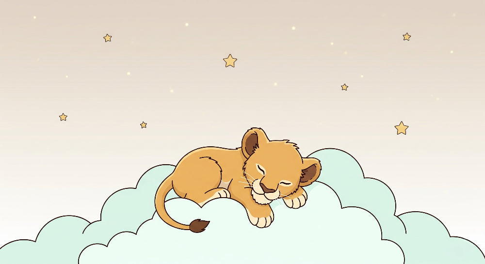 Detailed baby lion on starry cloud mural wallpaper design pattern by Kids-Mundo