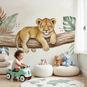 Baby lion jungle mural wallpaper in modern nursery with natural wood furniture by Kids-Mundo
