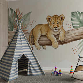 Jungle safari baby lion wallpaper creating peaceful atmosphere in toddler bedroom decor