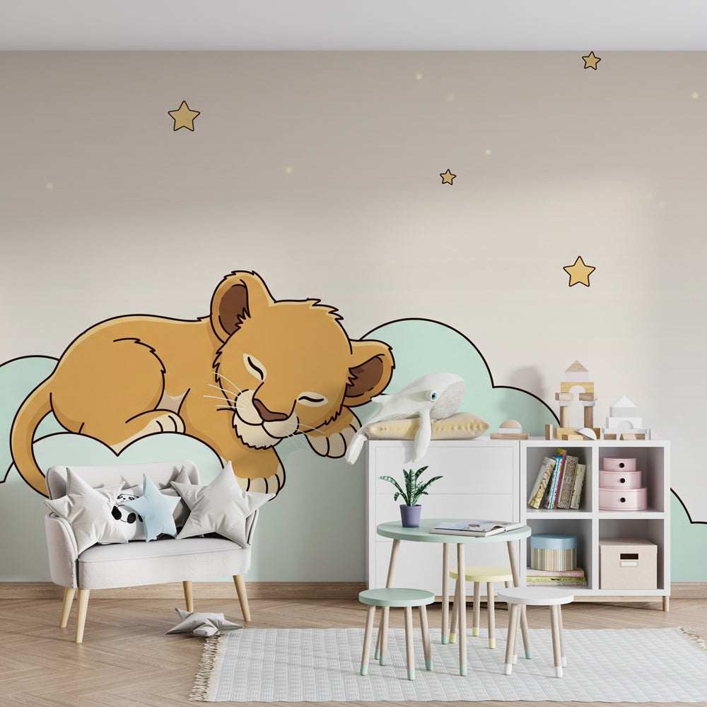Dreamy lion cloud wallpaper creating peaceful atmosphere in toddler bedroom