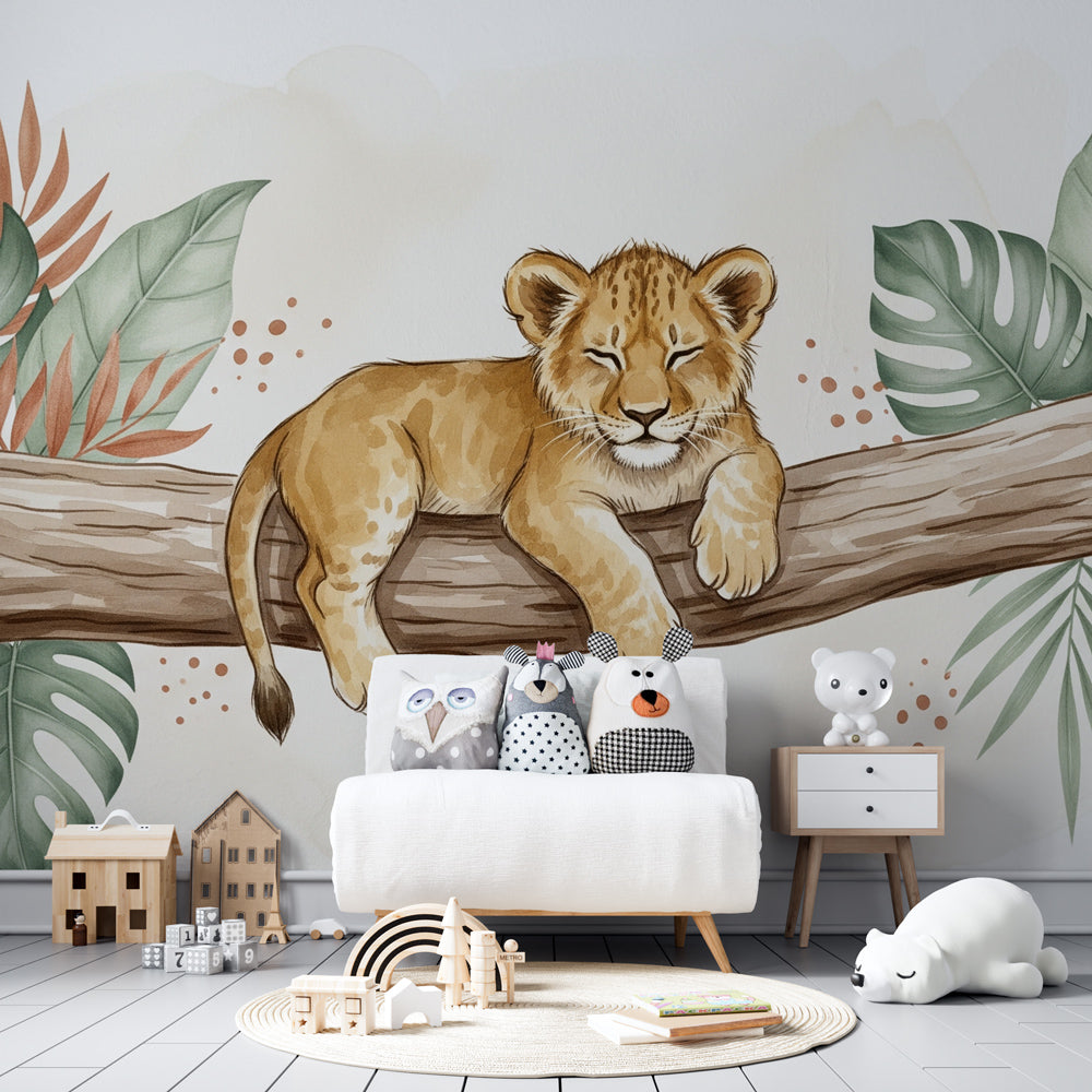 Tropical baby lion mural wallpaper with lush foliage in bright children's room setting