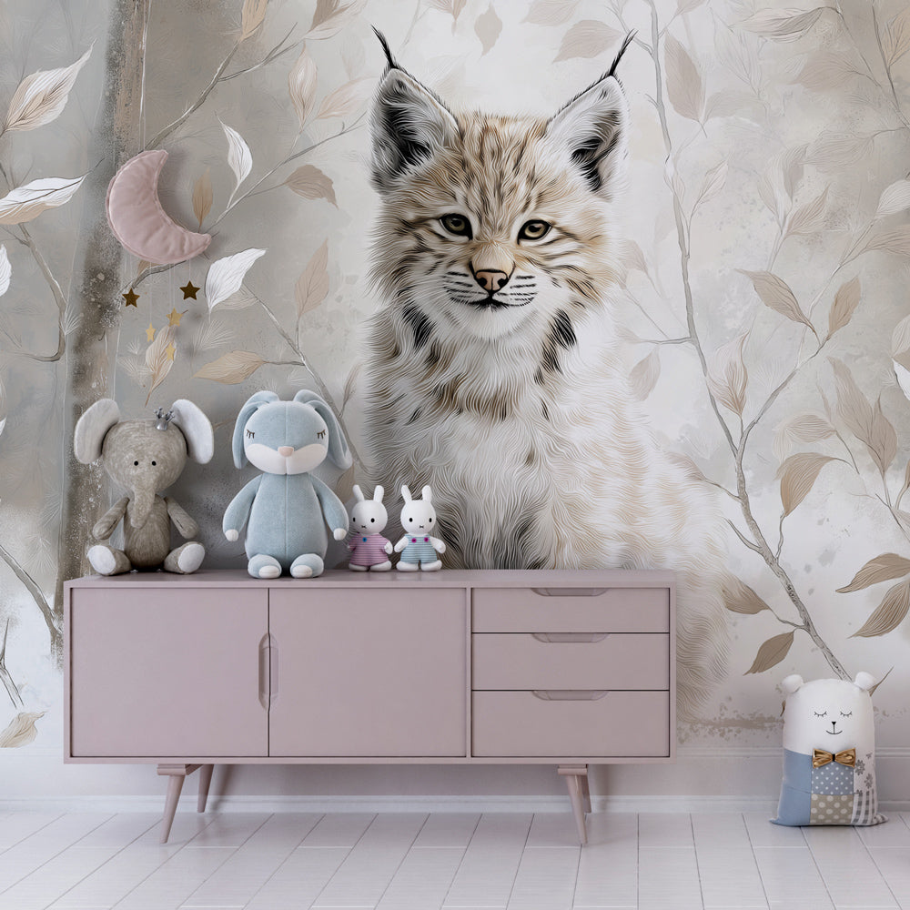 Kids-Mundo lynx wall mural on a feature wall in a calm kids bedroom with wooden furniture