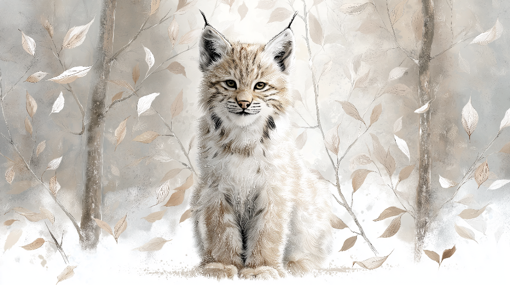 Kids-Mundo flat artwork of the baby lynx woodland wall mural design in soft grey and cream tones