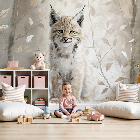 Kids-Mundo baby lynx woodland wall mural made to measure and installed in a soft grey nursery