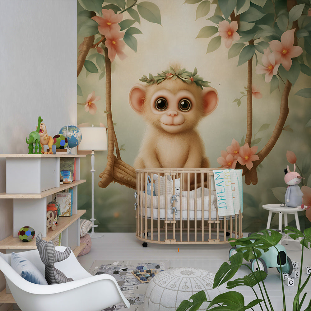 Kids-Mundo baby monkey wall mural on a feature wall in a gentle kids bedroom.