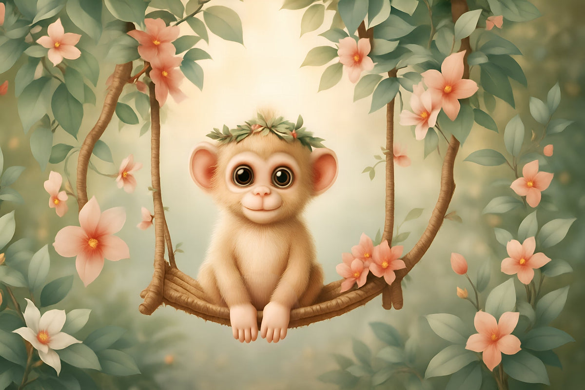 Baby Monkey on a Flower Swing Wall Mural