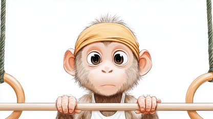 Kids-Mundo flat artwork of a playful baby monkey on gymnastics bars wall mural design