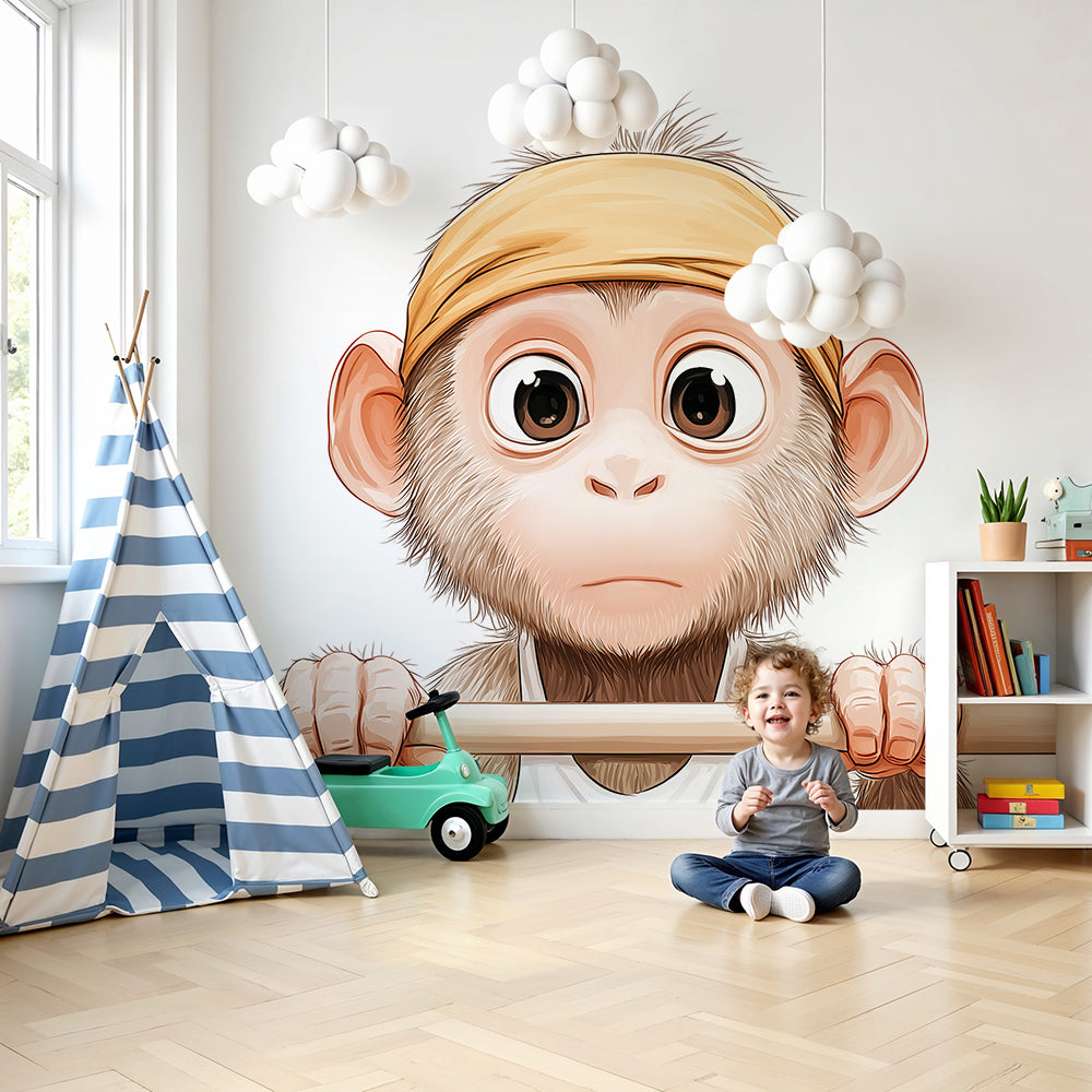 Kids-Mundo baby monkey wall mural made to measure and installed on a playful nursery feature wall