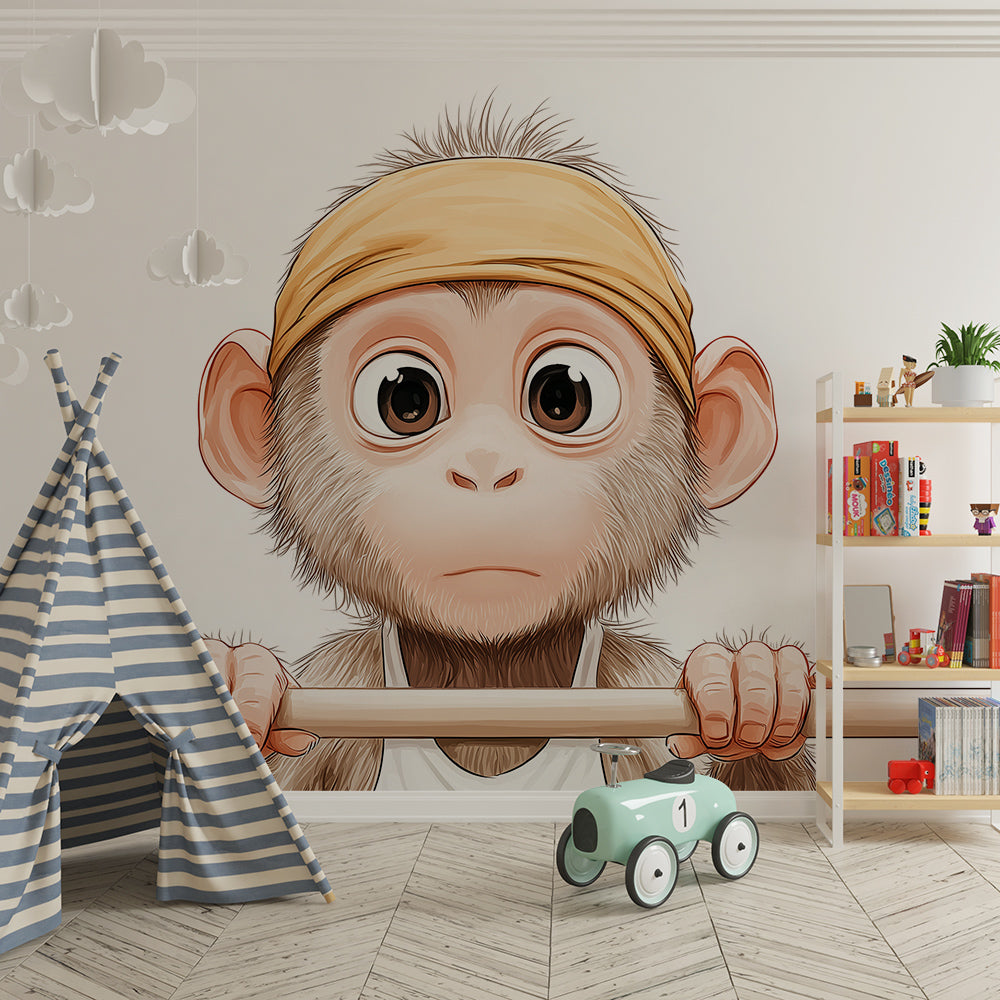 Kids-Mundo baby monkey wall mural fitted along a cheerful children's playroom wall