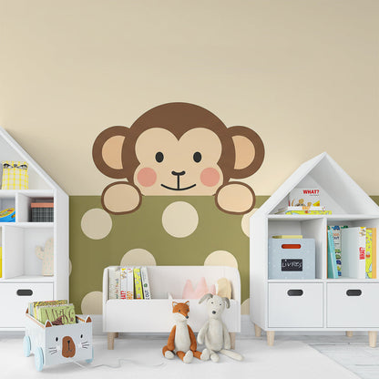 Kids-Mundo baby monkey wall mural on a feature wall in a bright children's bedroom with toys nearby