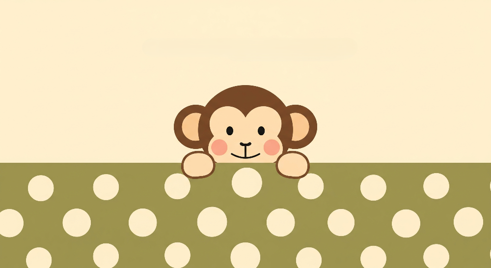 Kids-Mundo peeking baby monkey artwork with olive polka-dot border, flat mural design on cream background