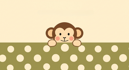 Kids-Mundo peeking baby monkey artwork with olive polka-dot border, flat mural design on cream background