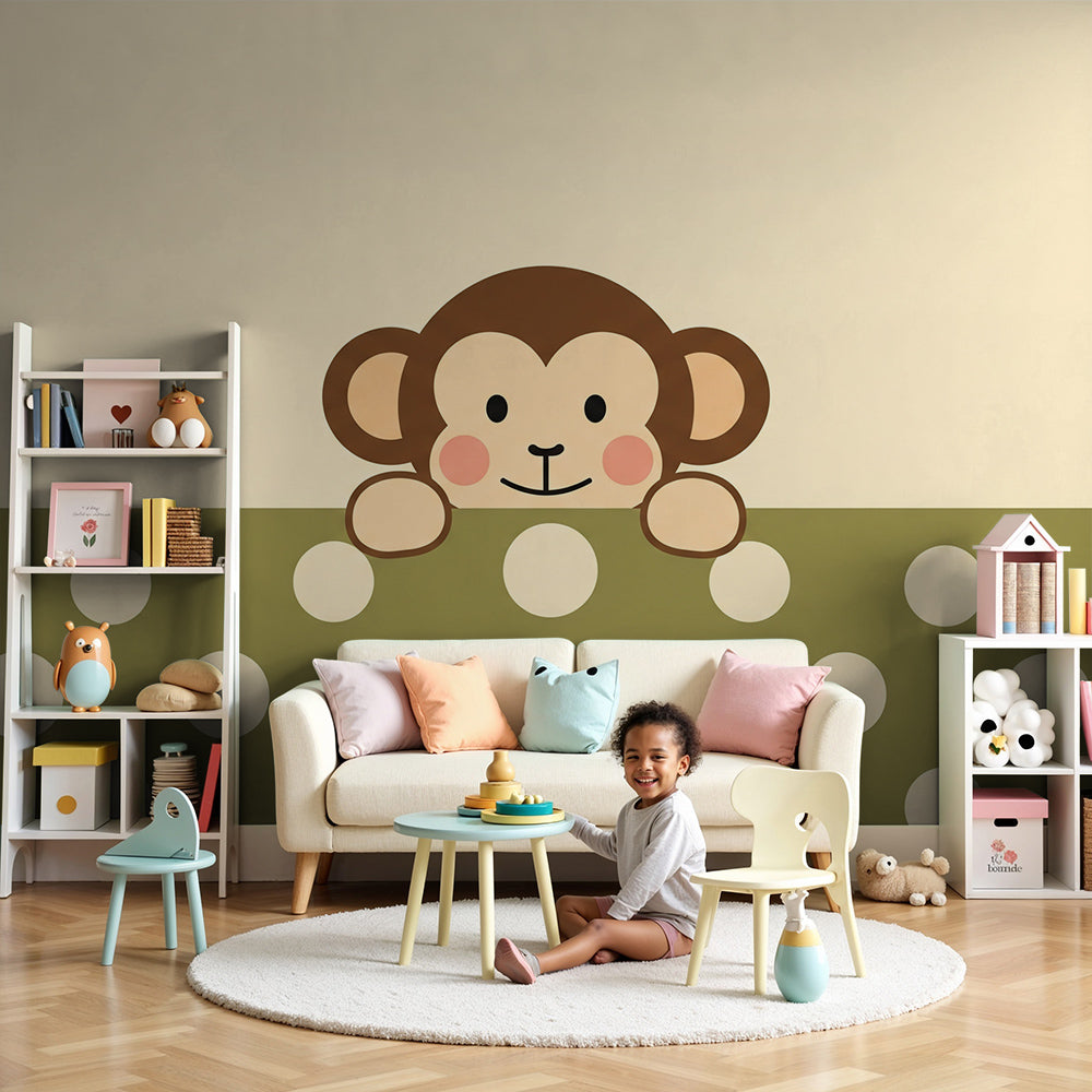 Kids-Mundo peeking baby monkey wall mural in a soft, cream-toned nursery with cot and warm lighting