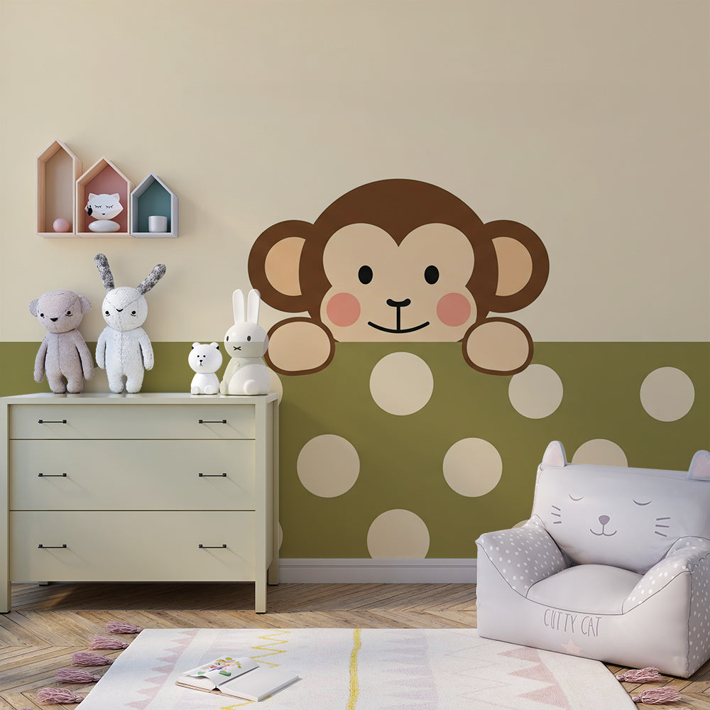 Kids-Mundo peeking monkey mural brightening a playful children's playroom wall with rug and toys