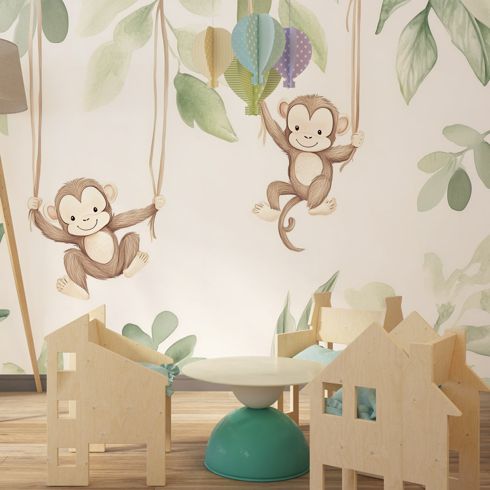 Kids-Mundo swinging monkey wall mural behind a toddler bed in a warm, plant-filled kids' bedroom.