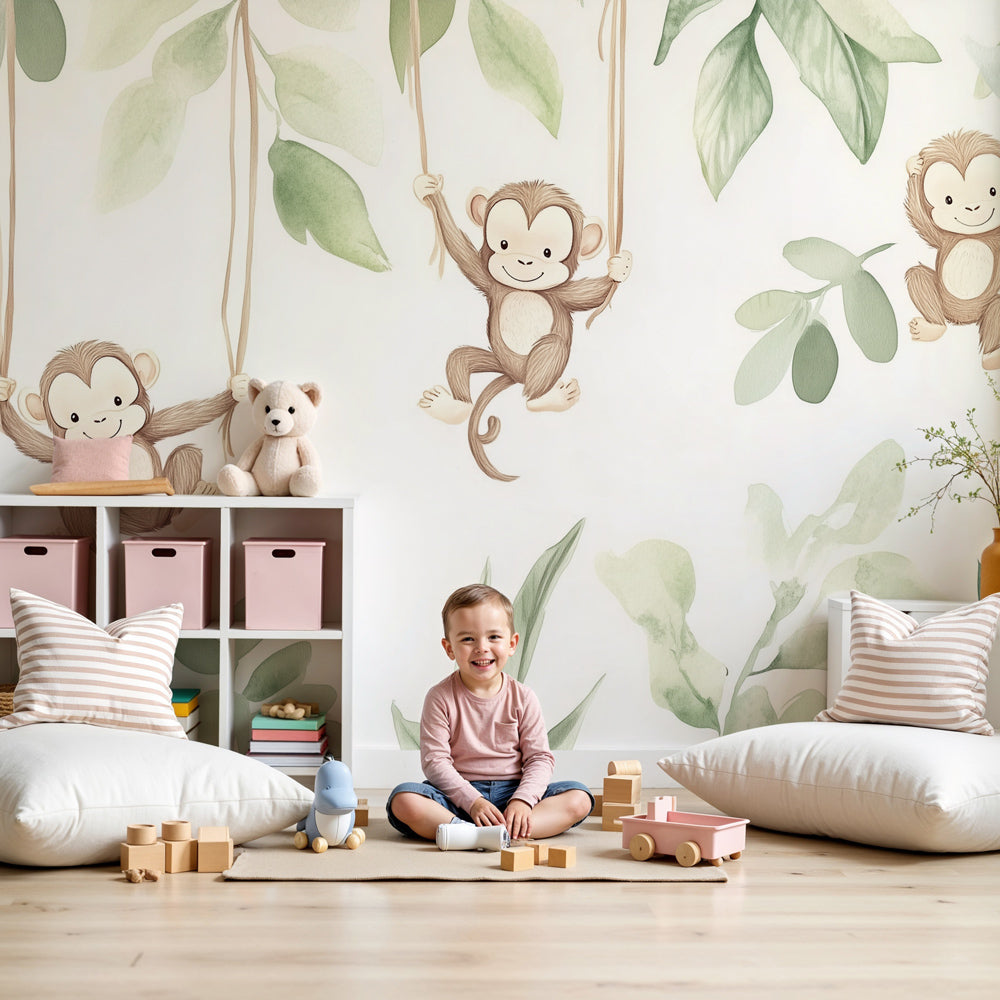Kids-Mundo baby monkey wall mural in a cream nursery with a white cot and soft green leafy accents.