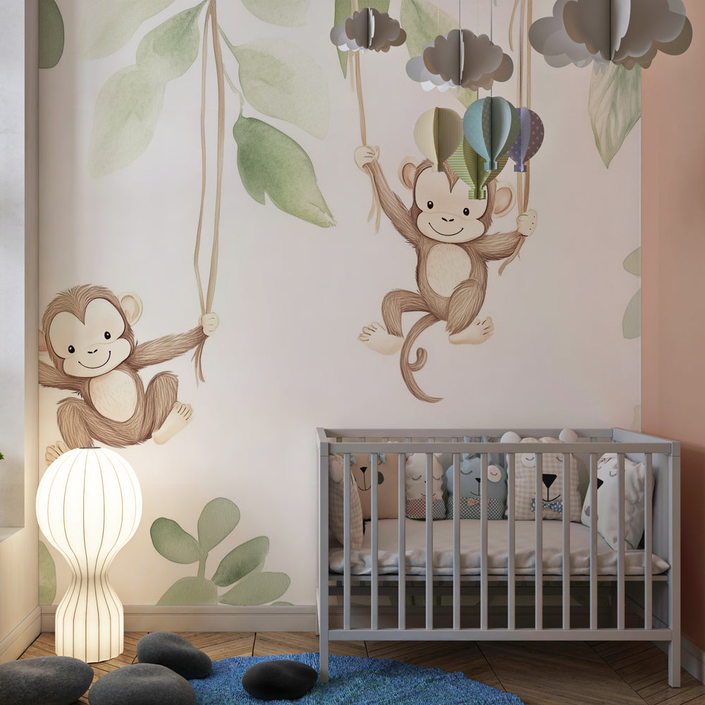 Kids-Mundo baby monkey wall mural in a bright playroom with a reading corner and floor cushions.