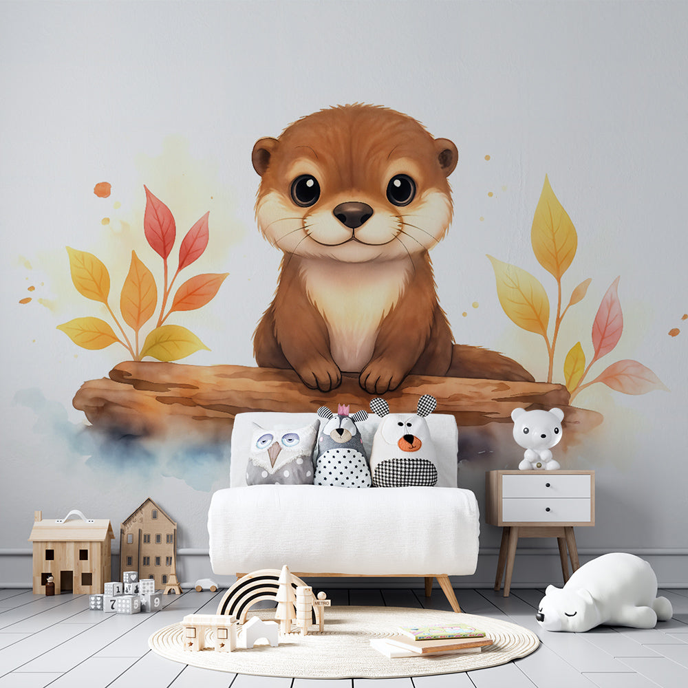 Baby otter wall mural by Kids-Mundo made to measure and hung above a bed in a cosy kids bedroom.