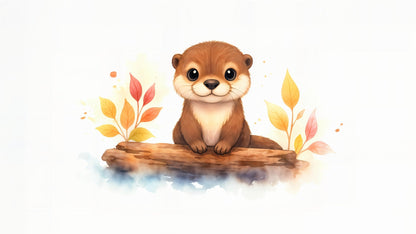 Flat watercolour artwork of the Kids-Mundo baby otter wall mural design with autumn leaves.
