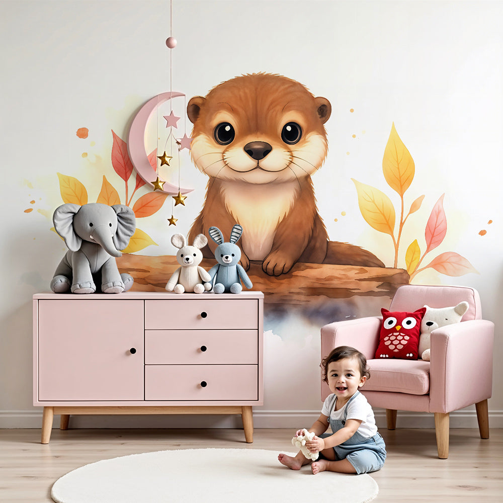 Kids-Mundo baby otter wall mural styled in a warm autumn-toned nursery with soft leaf accents.