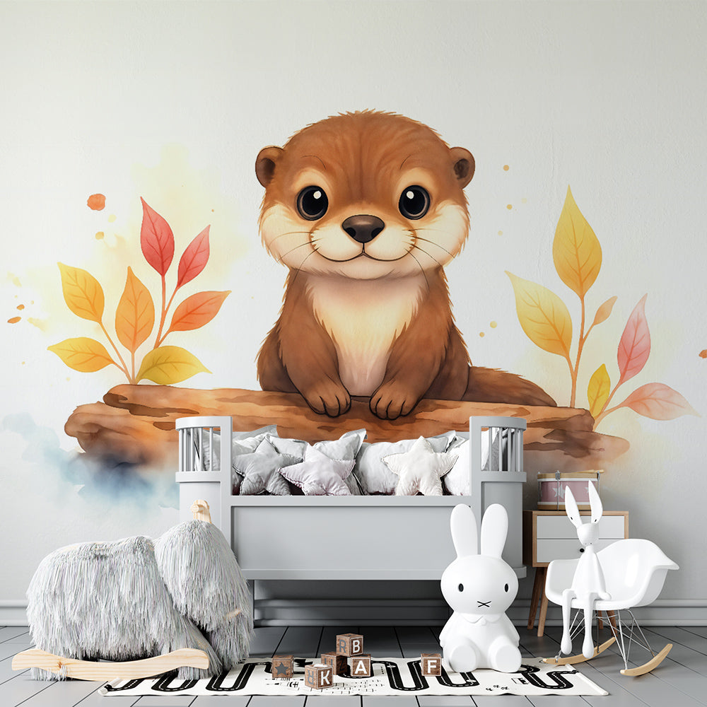Kids-Mundo otter wall mural bringing warm autumn colour to a bright children's playroom wall.