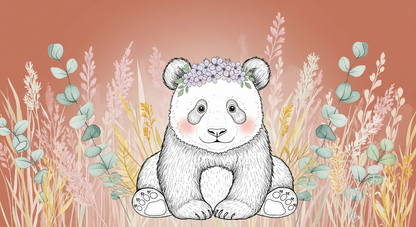 Flat artwork preview of the Kids-Mundo baby panda with flower crown wall mural