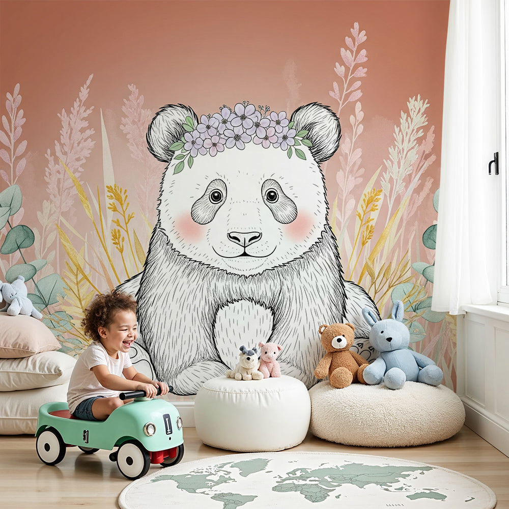Kids-Mundo baby panda flower crown wall mural styled above a cot in a soft nursery