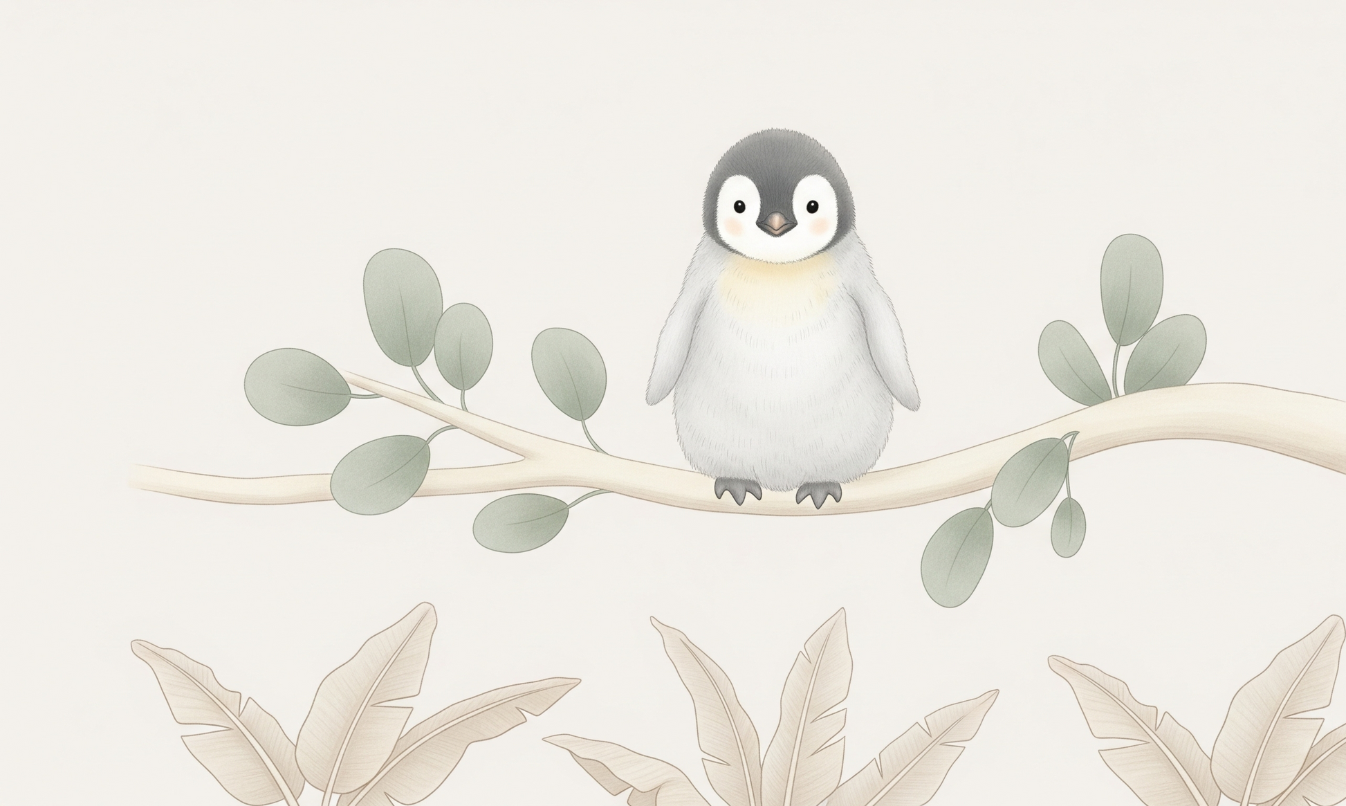 Kids-Mundo flat artwork of a baby penguin perched on a eucalyptus branch wall mural design.